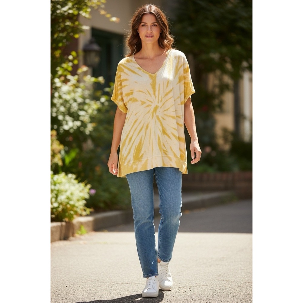 KORI Tye-Dye Pattern Women's‎ Oversized Top, Soft, Yellow and White, Size Large